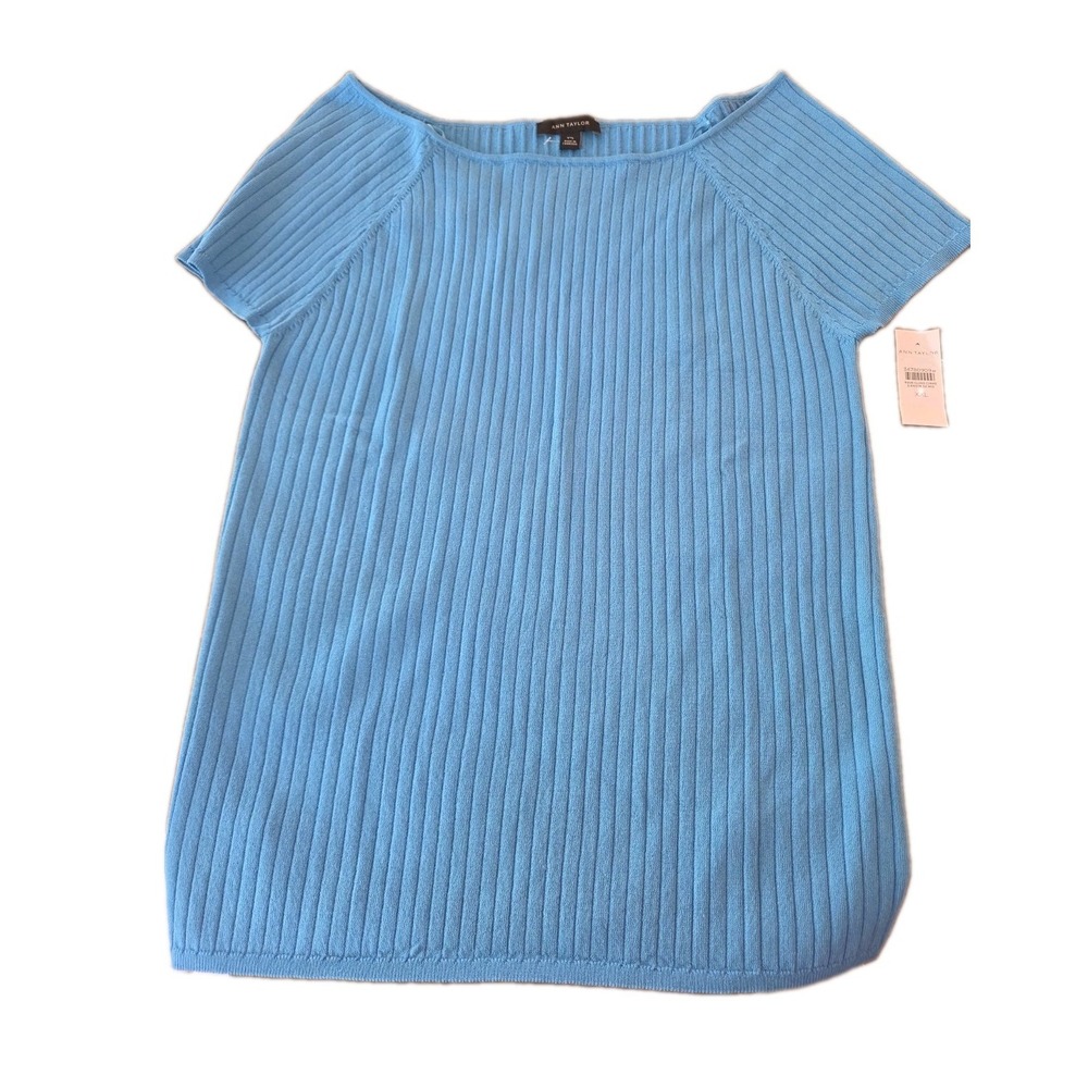 NWOT Ann Taylor Women's Boat Neck Ribbed Short Sleeve Top Blue Size 2XL